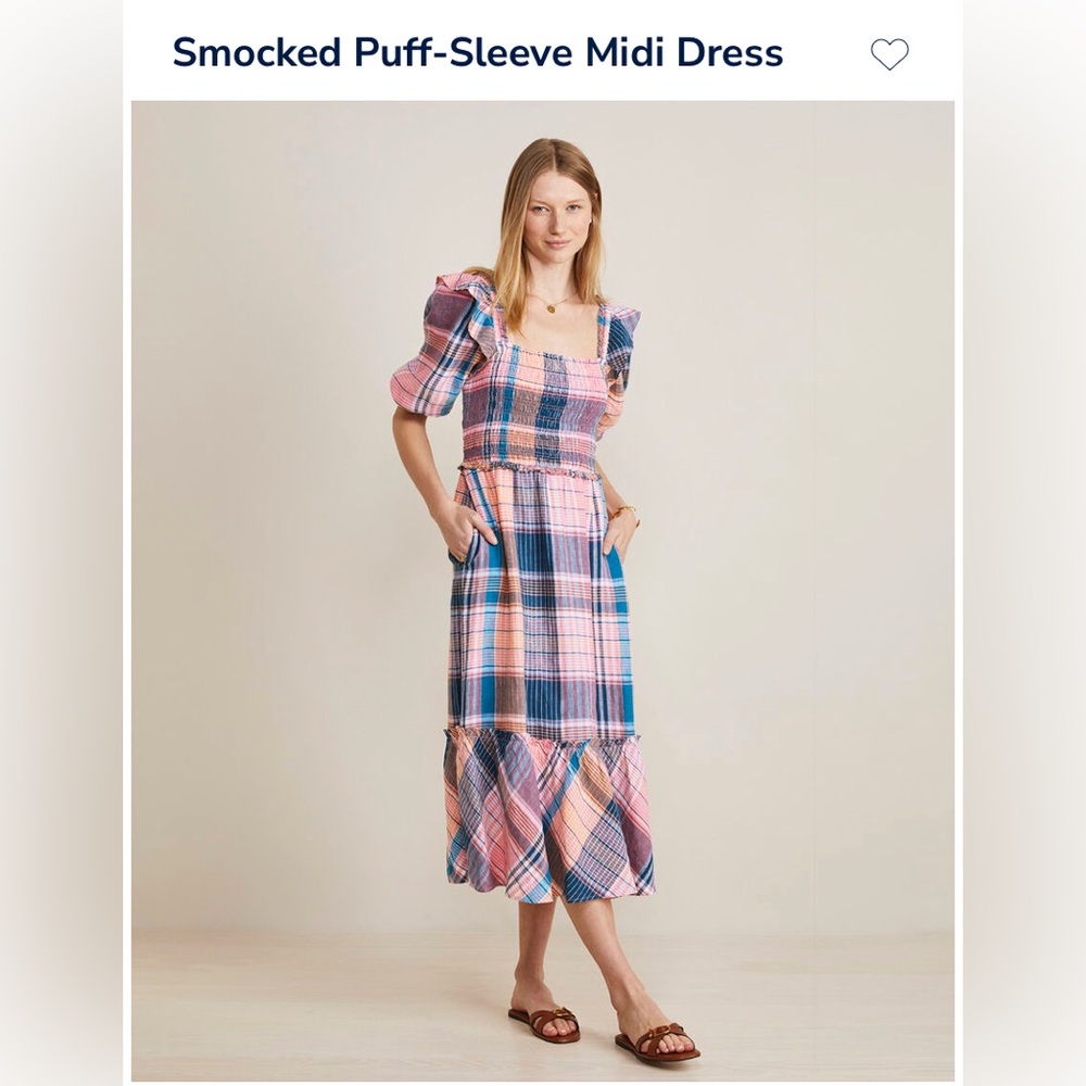 Vineyard Vines Smocked Puff Sleeve Midi Dress (Sz XL) Mallard Blue Plaid